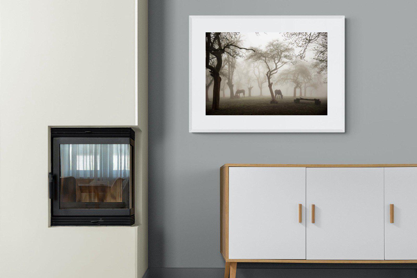 Grazing in the Fog-Wall_Art-100 x 75cm-Framed Print-White-Pixalot