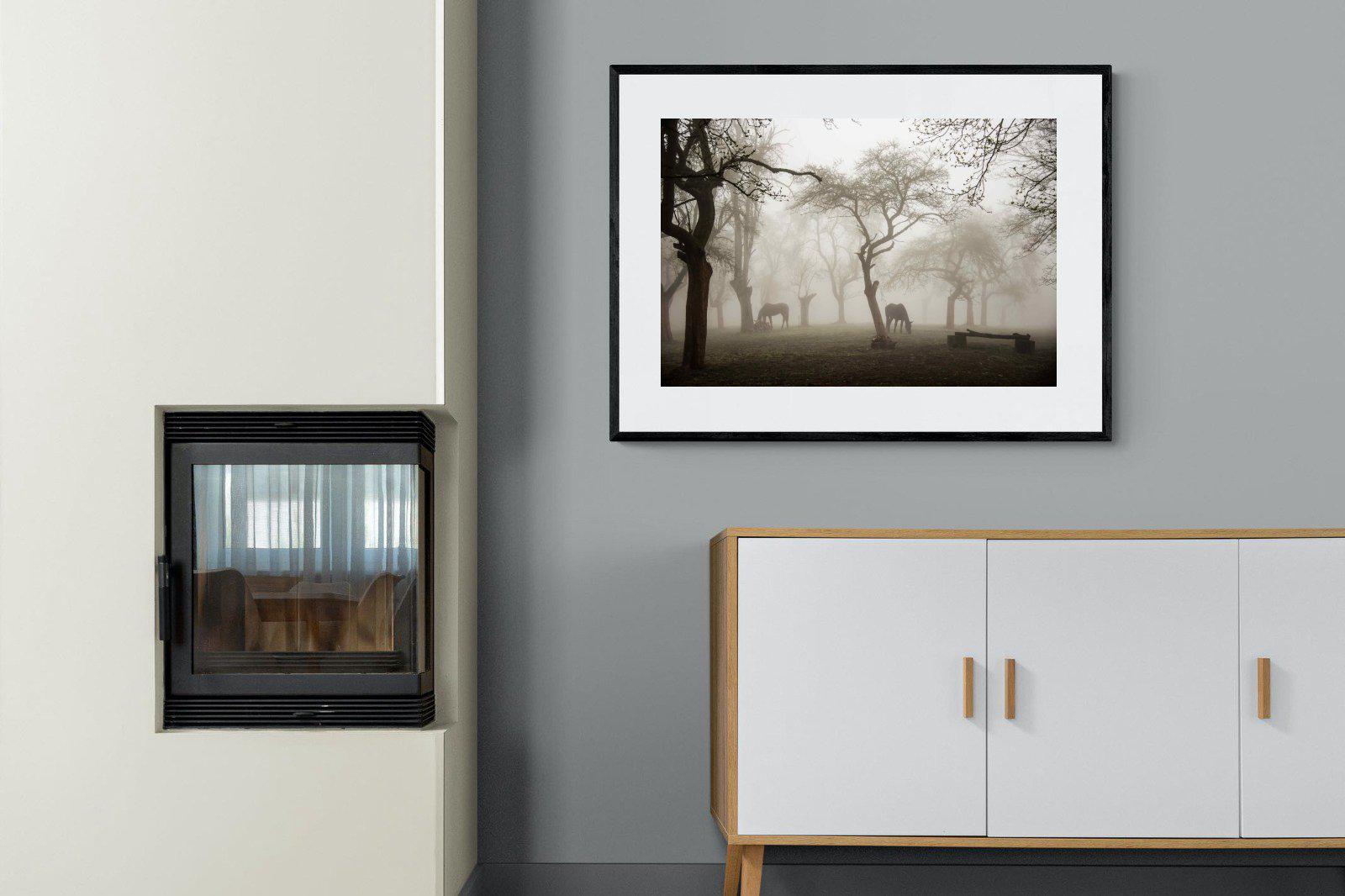 Grazing in the Fog-Wall_Art-100 x 75cm-Framed Print-Black-Pixalot