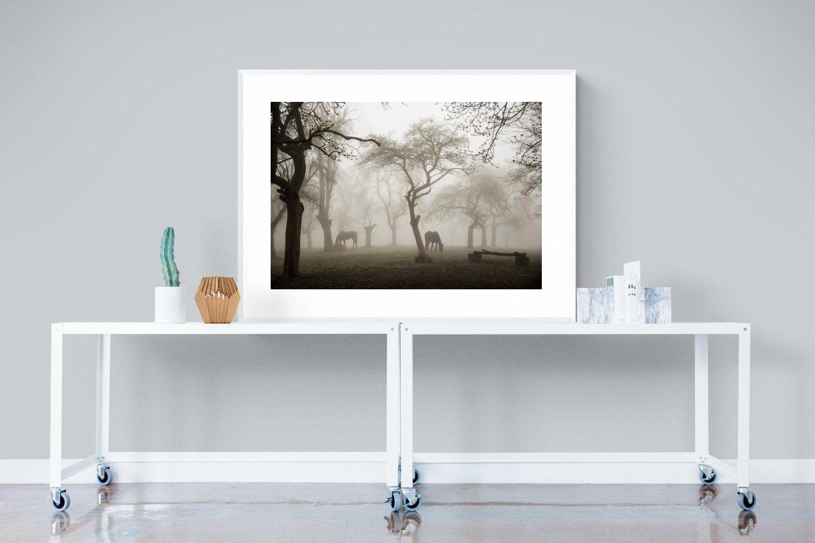 Grazing in the Fog-Wall_Art-120 x 90cm-Framed Print-White-Pixalot