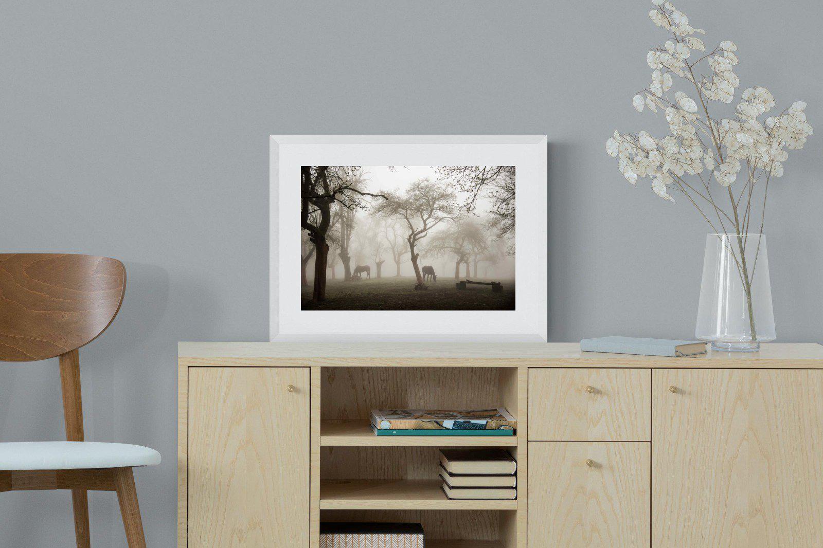 Grazing in the Fog-Wall_Art-60 x 45cm-Framed Print-White-Pixalot