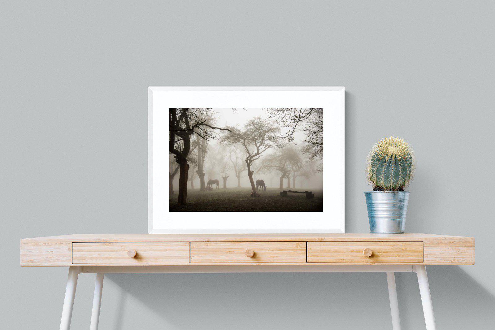 Grazing in the Fog-Wall_Art-80 x 60cm-Framed Print-White-Pixalot