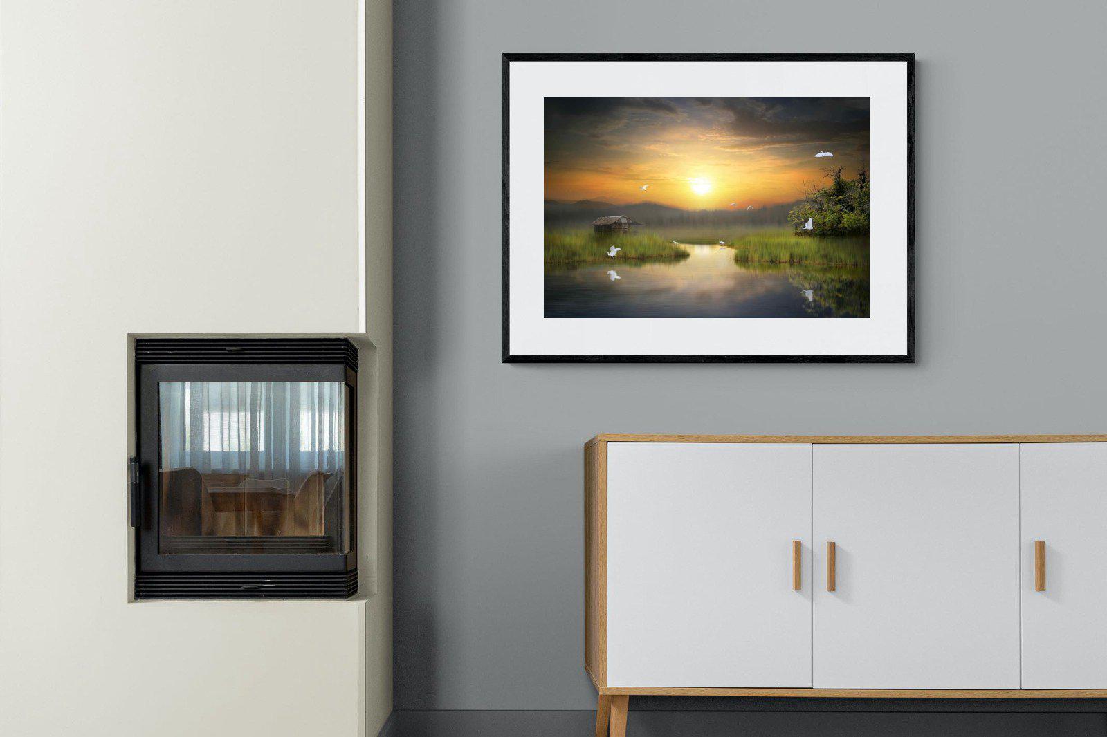 Heron Shed-Wall_Art-100 x 75cm-Framed Print-Black-Pixalot