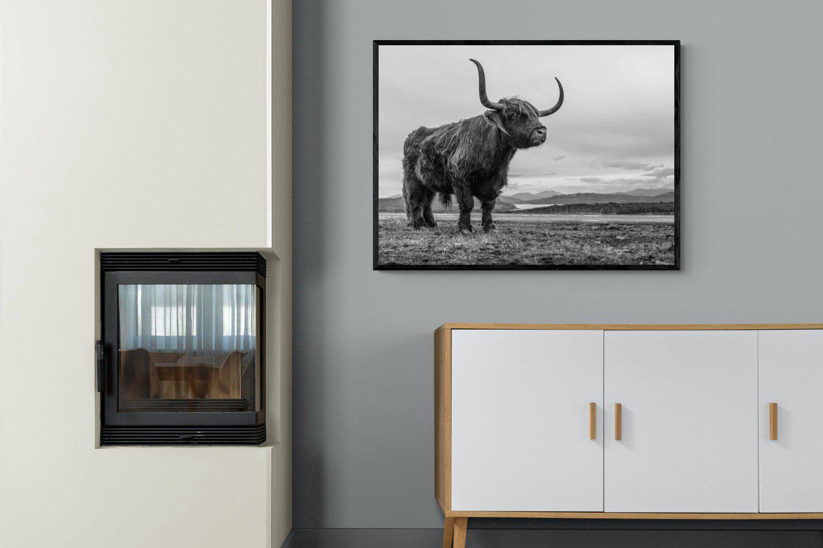 Highland Cow-Wall_Art-100 x 75cm-Mounted Canvas-Black-Pixalot
