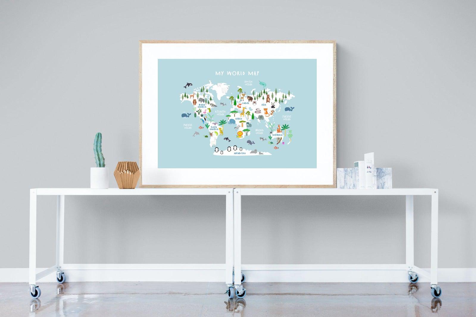Kids World Map (Blue)-Wall_Art-120 x 90cm-Framed Print-Wood-Pixalot