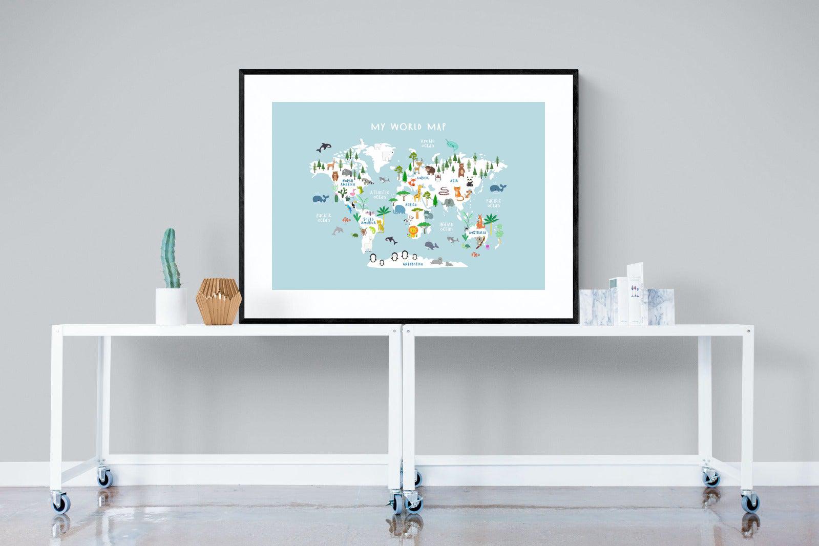Kids World Map (Blue)-Wall_Art-120 x 90cm-Framed Print-Black-Pixalot