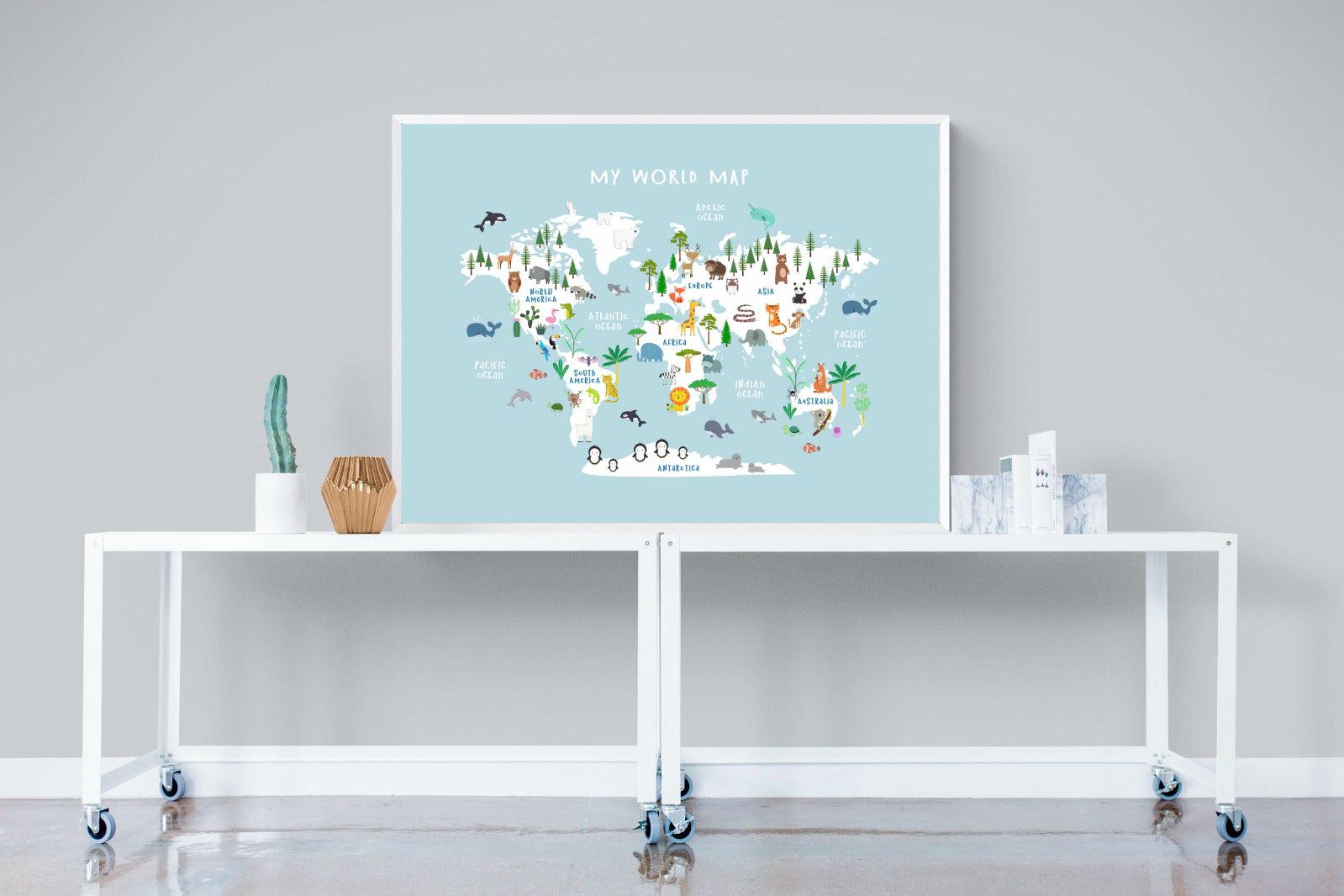 Kids World Map (Blue)-Wall_Art-120 x 90cm-Mounted Canvas-White-Pixalot