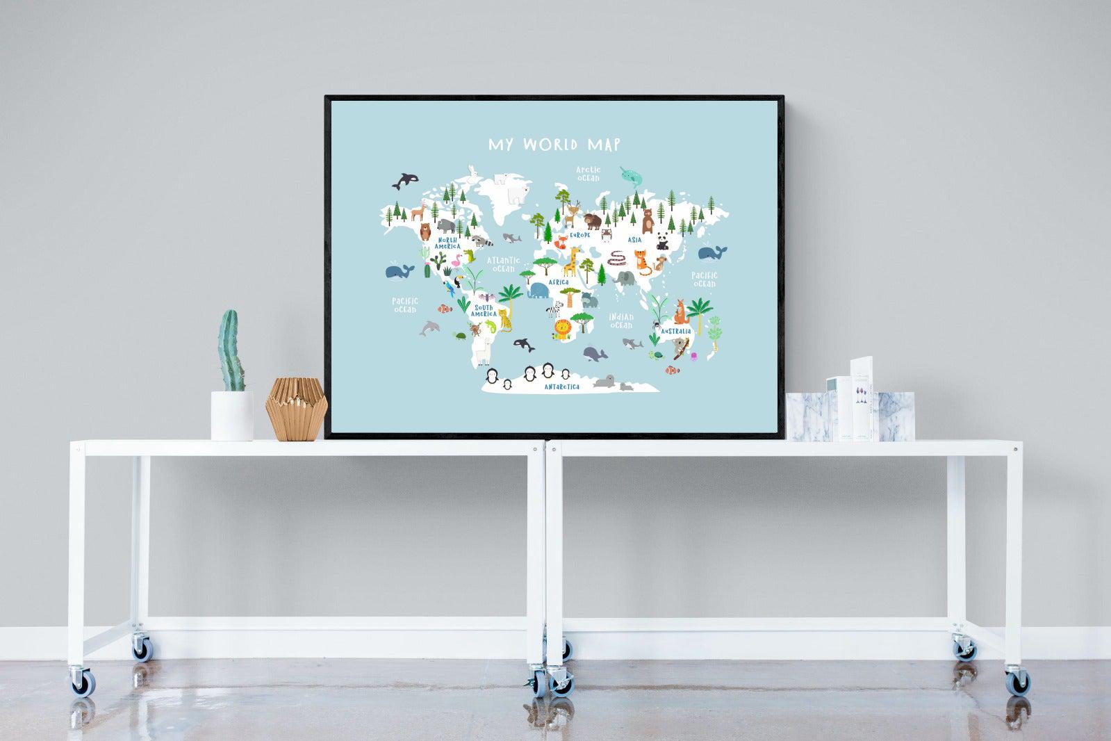 Kids World Map (Blue)-Wall_Art-120 x 90cm-Mounted Canvas-Black-Pixalot
