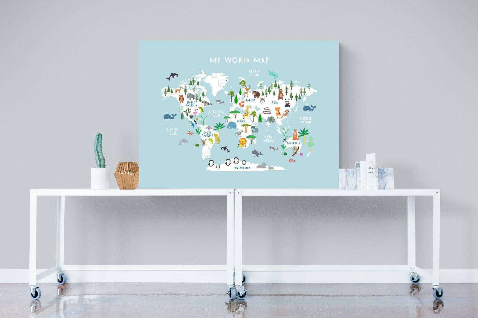 Kids World Map (Blue)-Wall_Art-120 x 90cm-Mounted Canvas-No Frame-Pixalot