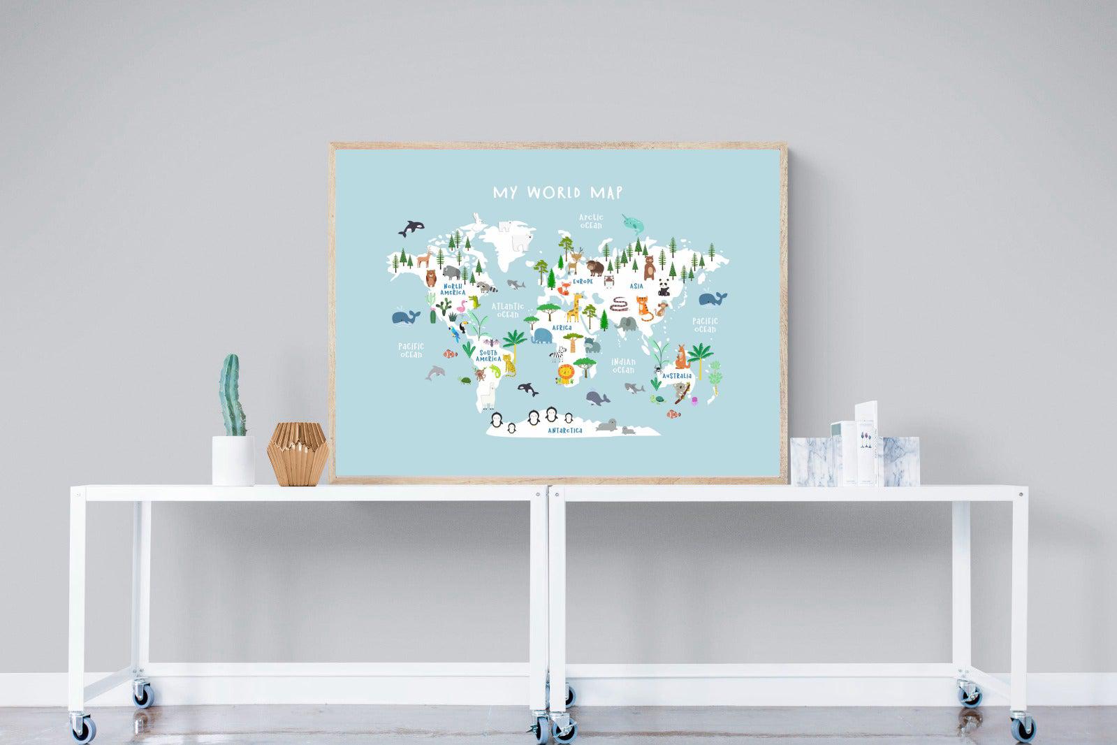 Kids World Map (Blue)-Wall_Art-120 x 90cm-Mounted Canvas-Wood-Pixalot
