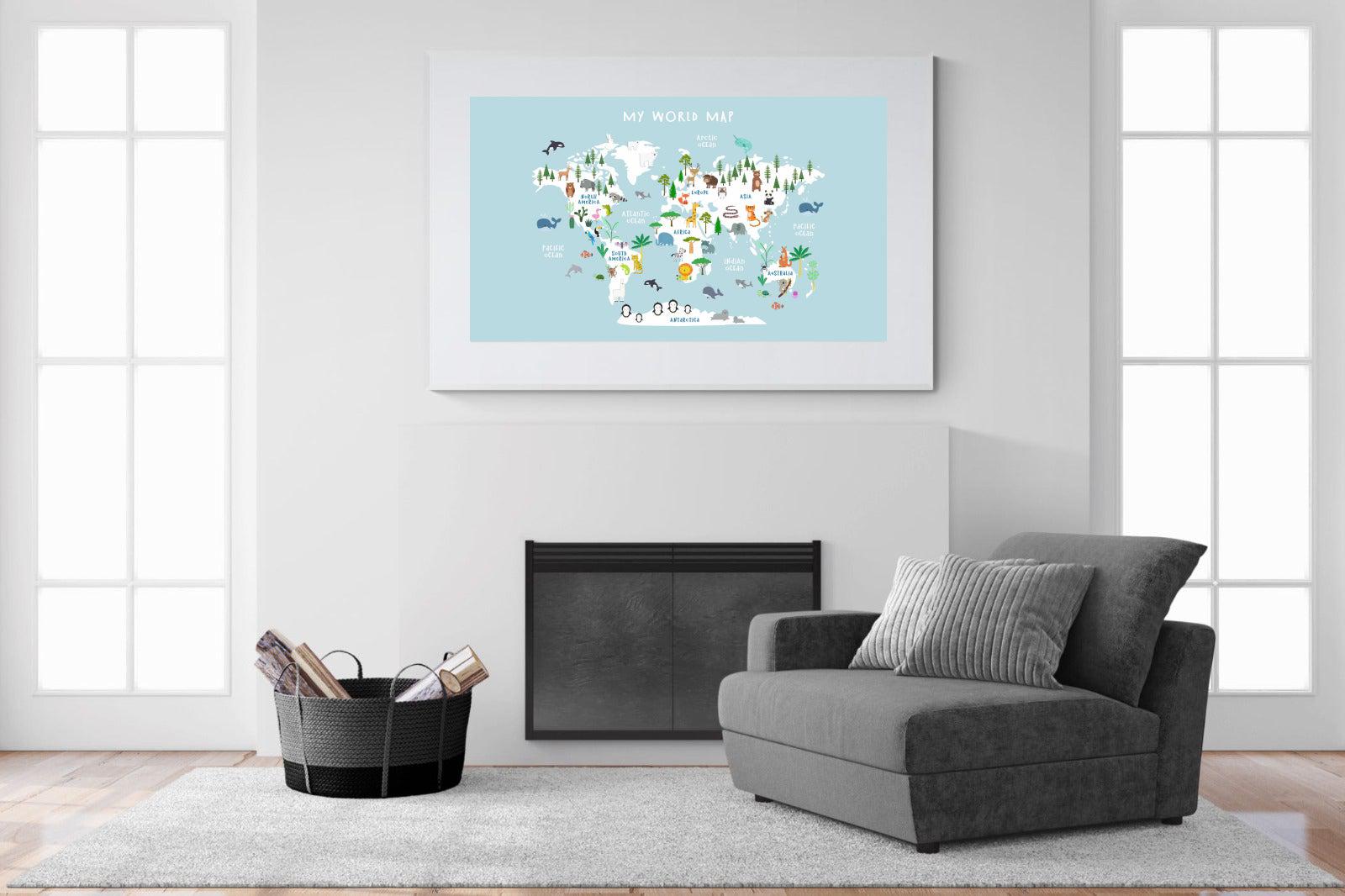Kids World Map (Blue)-Wall_Art-150 x 100cm-Framed Print-White-Pixalot