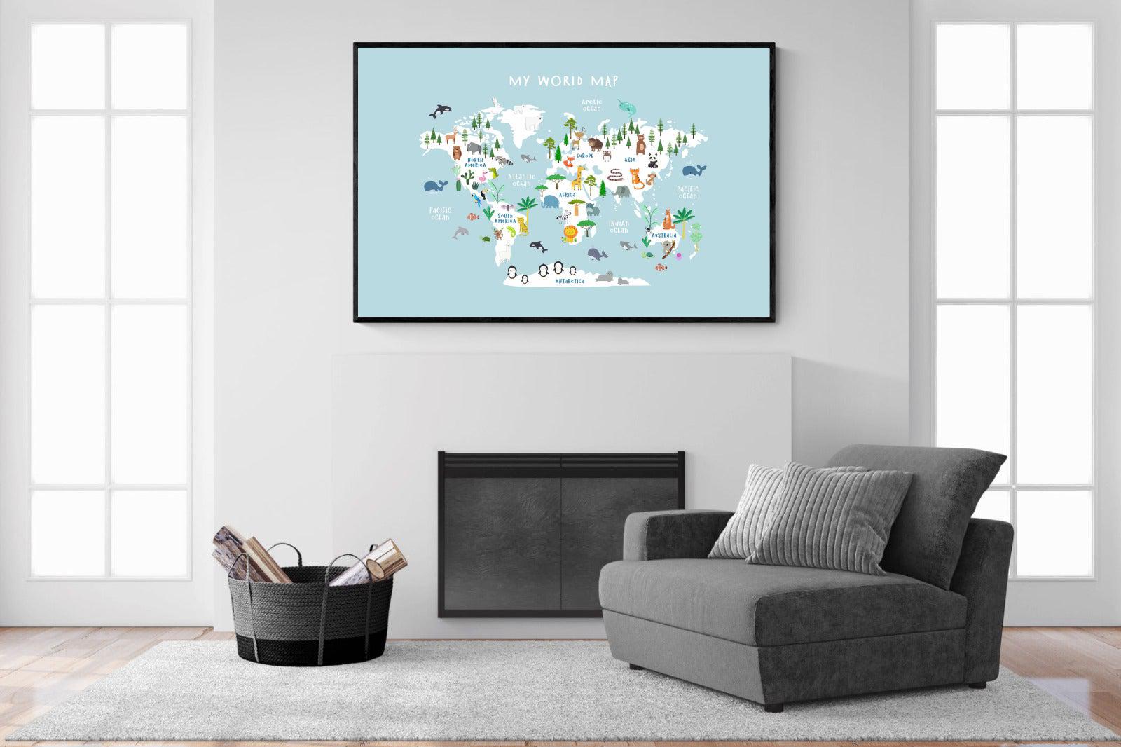 Kids World Map (Blue)-Wall_Art-150 x 100cm-Mounted Canvas-Black-Pixalot