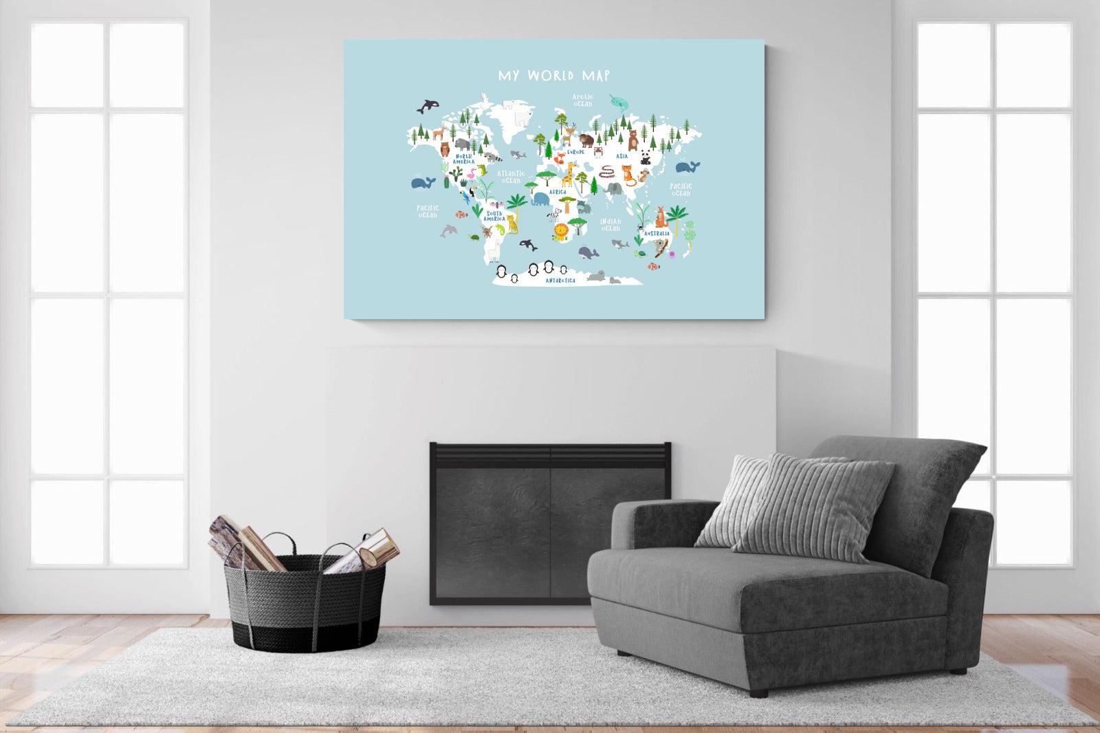 Kids World Map (Blue)-Wall_Art-150 x 100cm-Mounted Canvas-No Frame-Pixalot