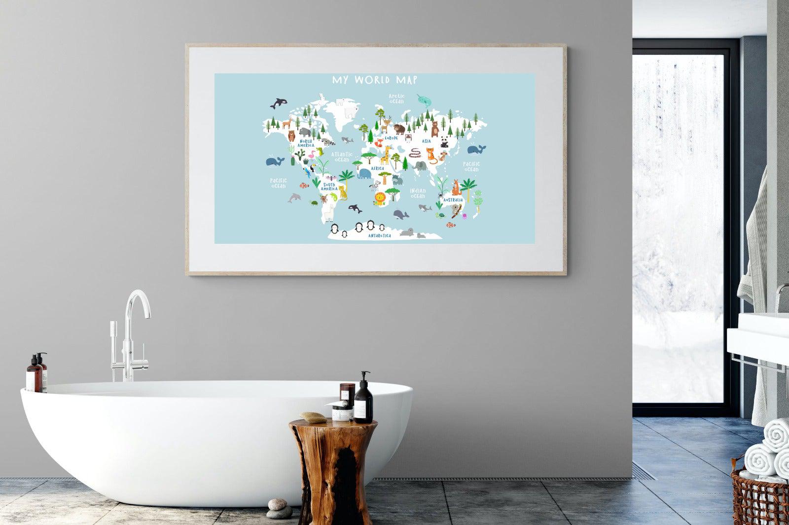 Kids World Map (Blue)-Wall_Art-180 x 110cm-Framed Print-Wood-Pixalot
