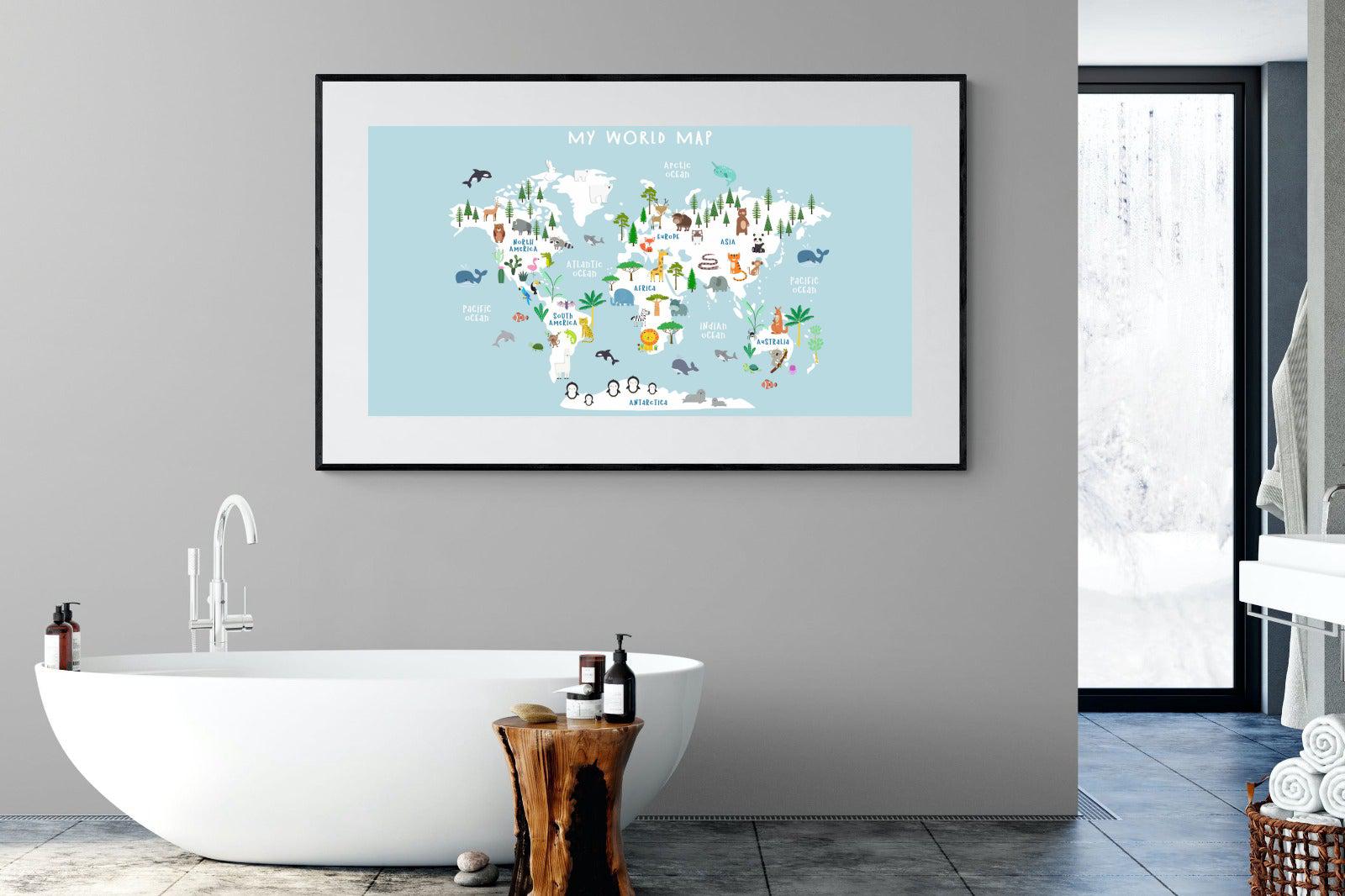 Kids World Map (Blue)-Wall_Art-180 x 110cm-Framed Print-Black-Pixalot