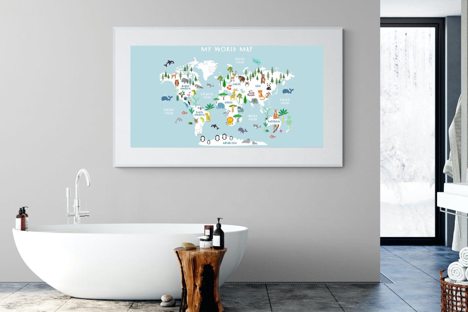 Kids World Map (Blue)-Wall_Art-180 x 110cm-Framed Print-White-Pixalot