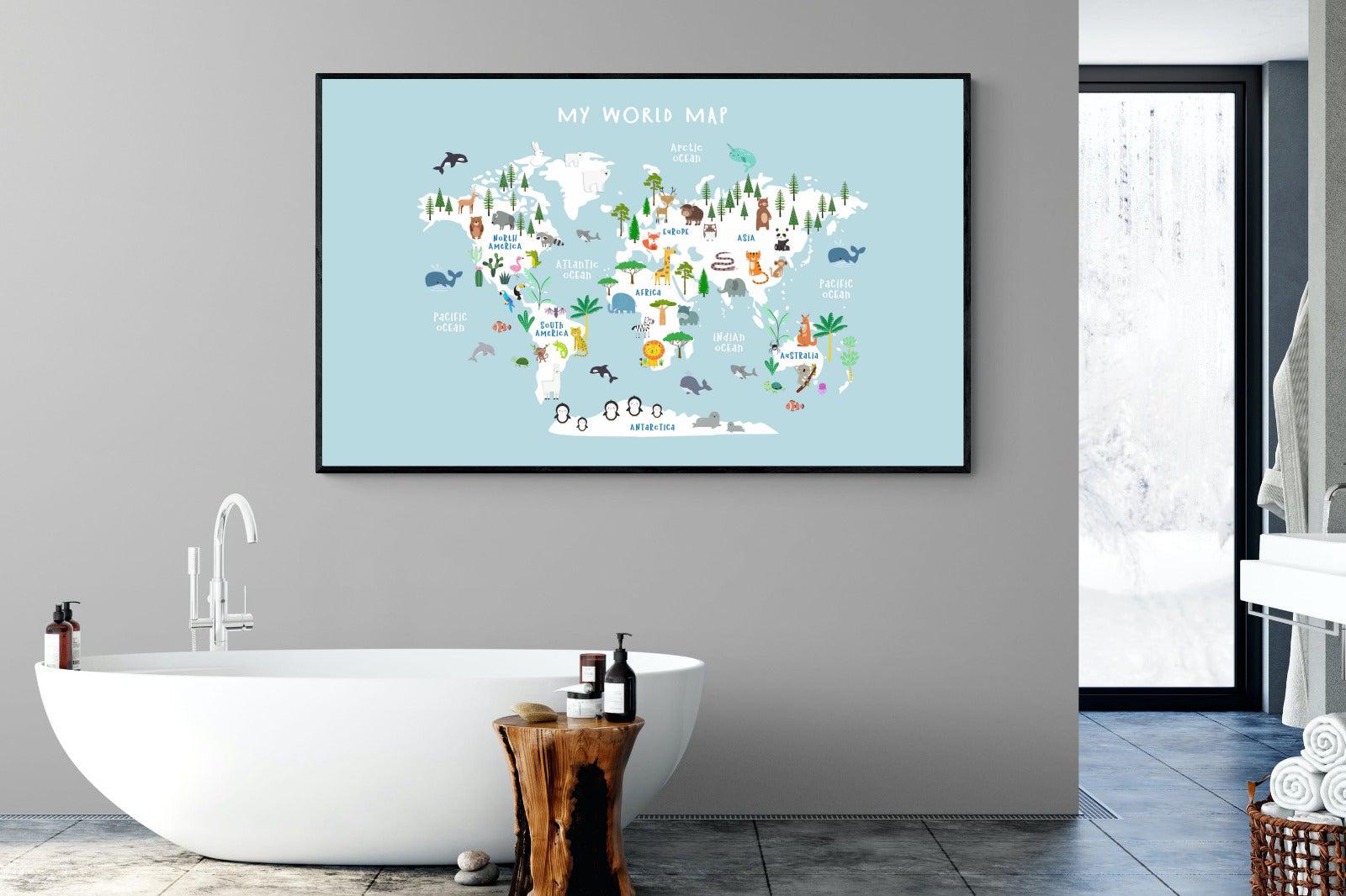 Kids World Map (Blue)-Wall_Art-180 x 110cm-Mounted Canvas-Black-Pixalot