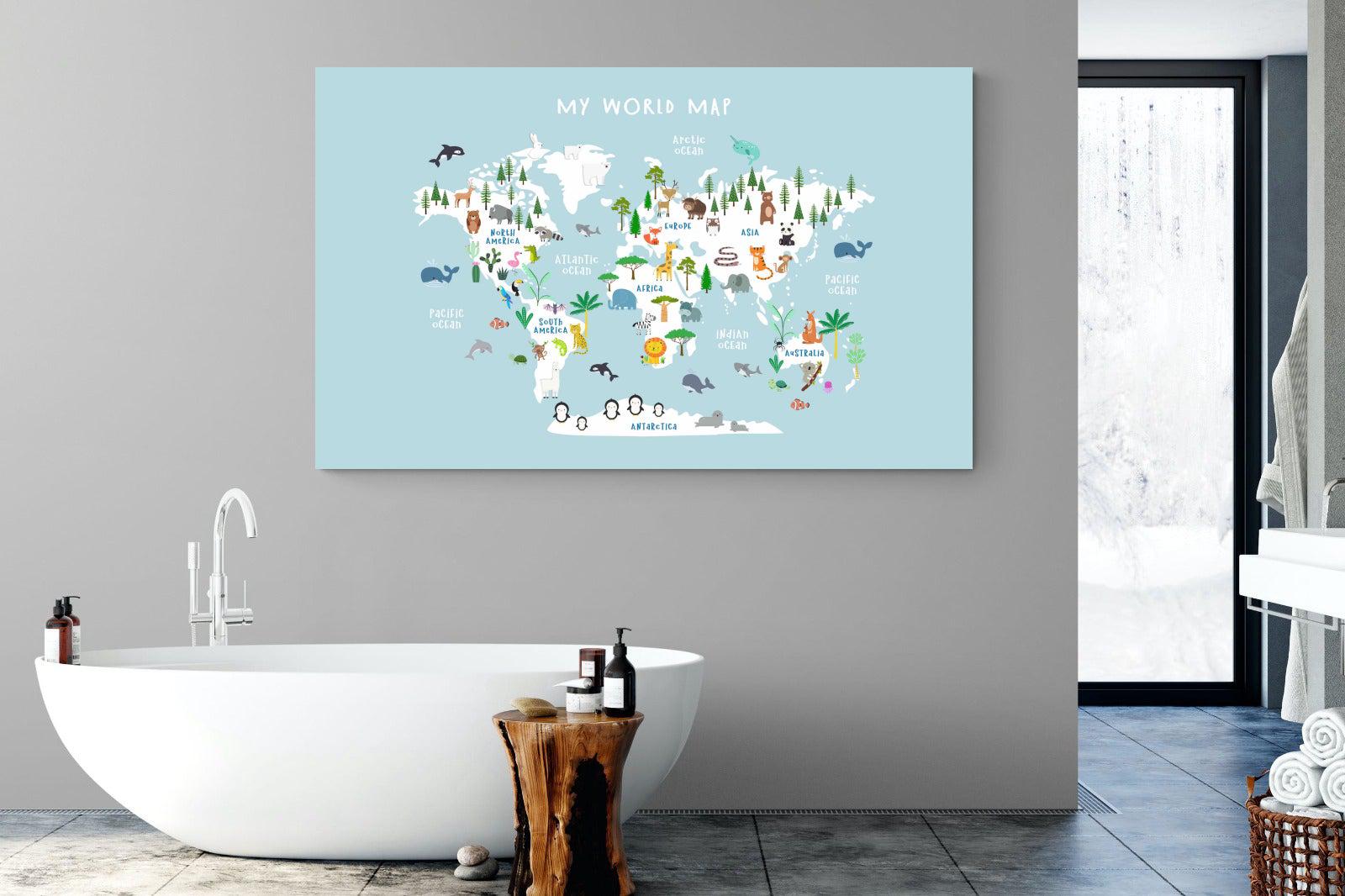 Kids World Map (Blue)-Wall_Art-180 x 110cm-Mounted Canvas-No Frame-Pixalot