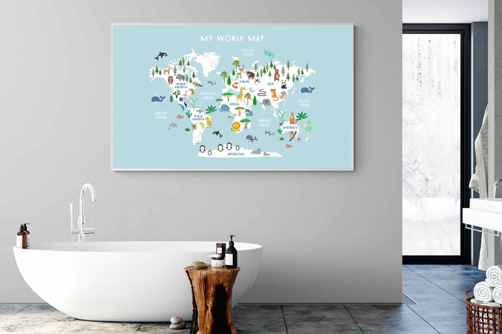 Kids World Map (Blue)-Wall_Art-180 x 110cm-Mounted Canvas-White-Pixalot
