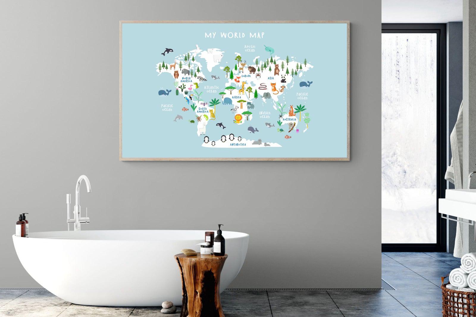 Kids World Map (Blue)-Wall_Art-180 x 110cm-Mounted Canvas-Wood-Pixalot