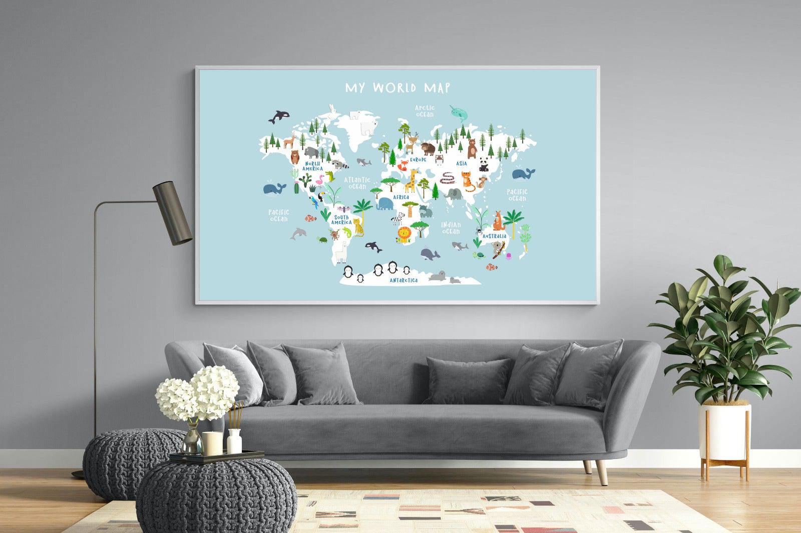 Kids World Map (Blue)-Wall_Art-220 x 130cm-Mounted Canvas-White-Pixalot