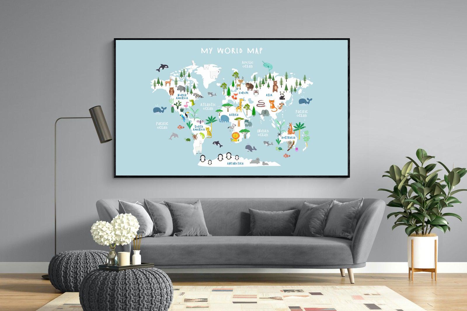 Kids World Map (Blue)-Wall_Art-220 x 130cm-Mounted Canvas-Black-Pixalot