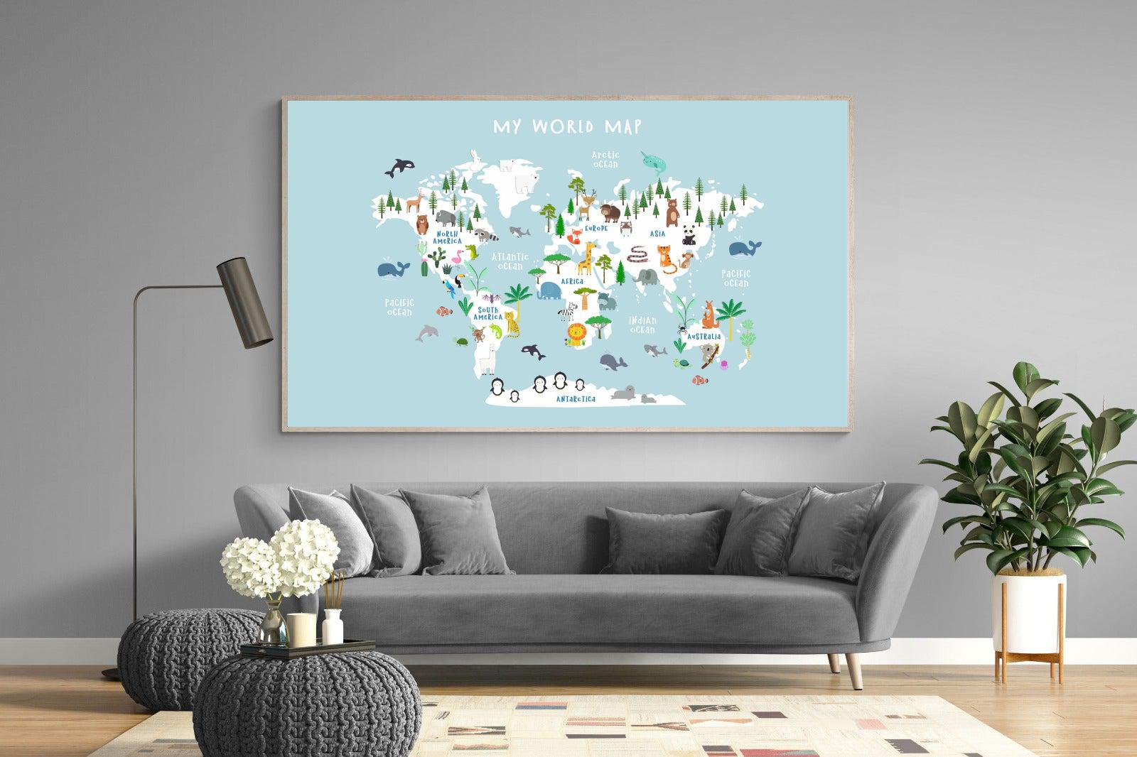 Kids World Map (Blue)-Wall_Art-220 x 130cm-Mounted Canvas-Wood-Pixalot