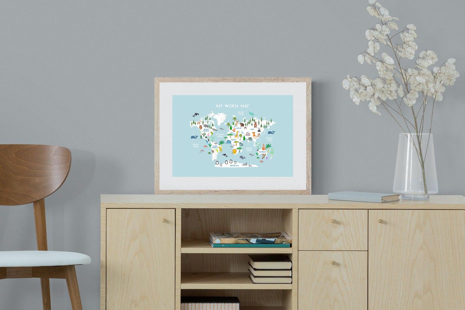 Kids World Map (Blue)-Wall_Art-60 x 45cm-Framed Print-Wood-Pixalot
