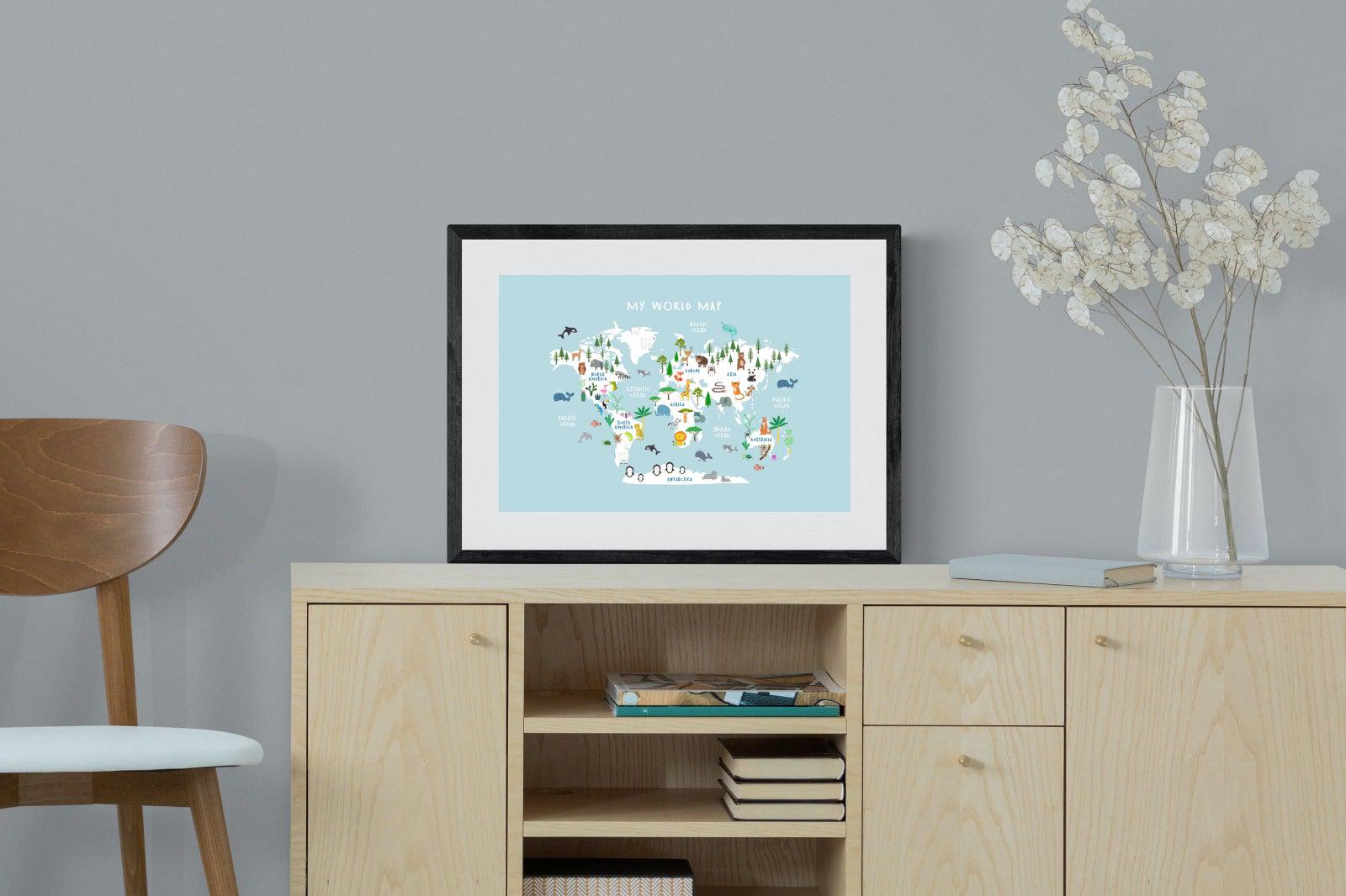 Kids World Map (Blue)-Wall_Art-60 x 45cm-Framed Print-Black-Pixalot