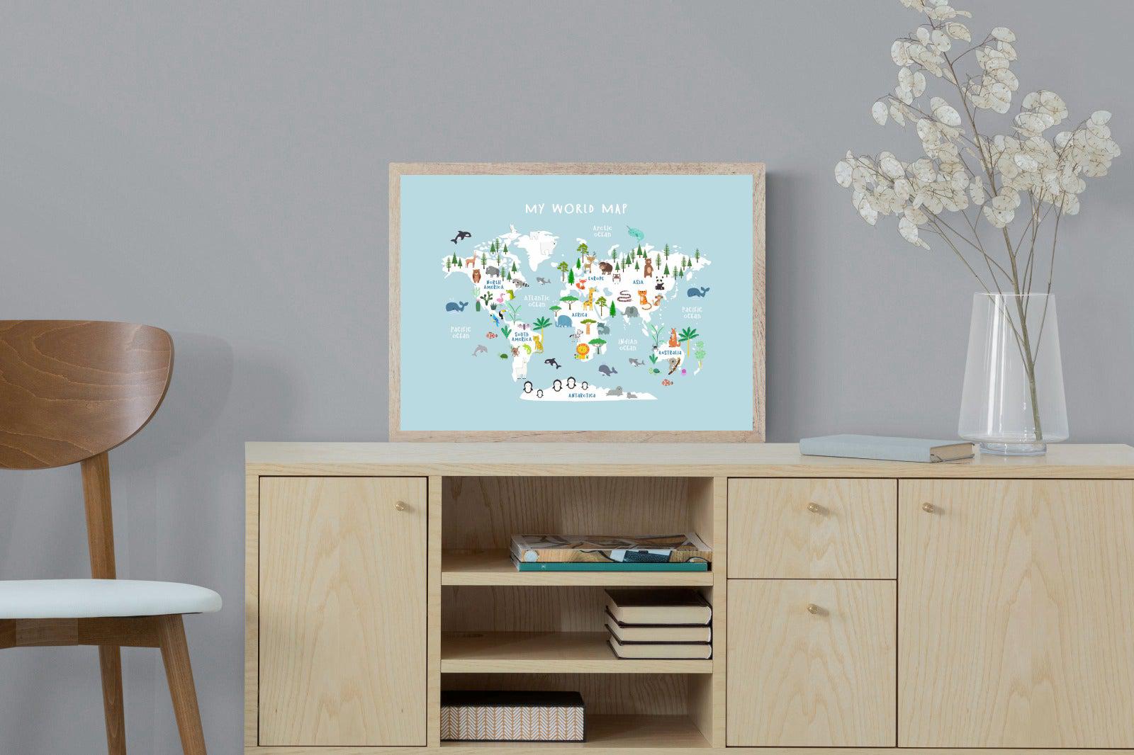 Kids World Map (Blue)-Wall_Art-60 x 45cm-Mounted Canvas-Wood-Pixalot