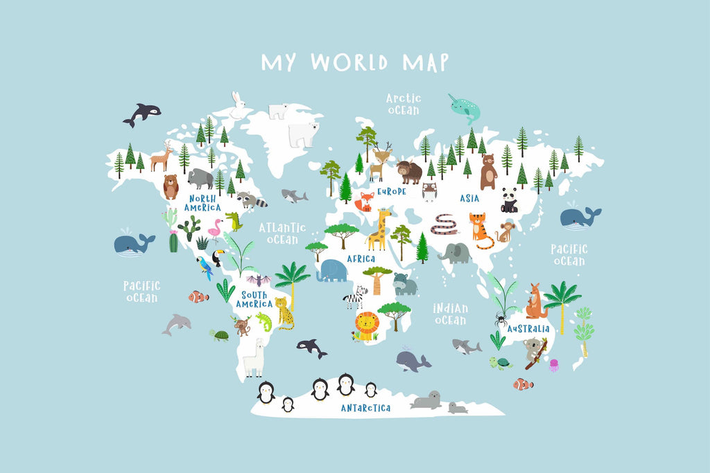 Kids World Map (Blue)-Wall_Art-Pixalot