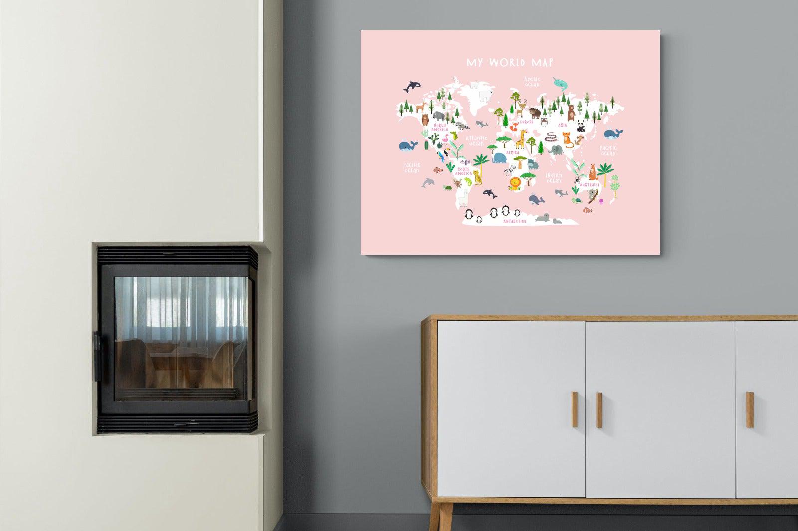 Kids World Map (Pink)-Wall_Art-100 x 75cm-Mounted Canvas-No Frame-Pixalot