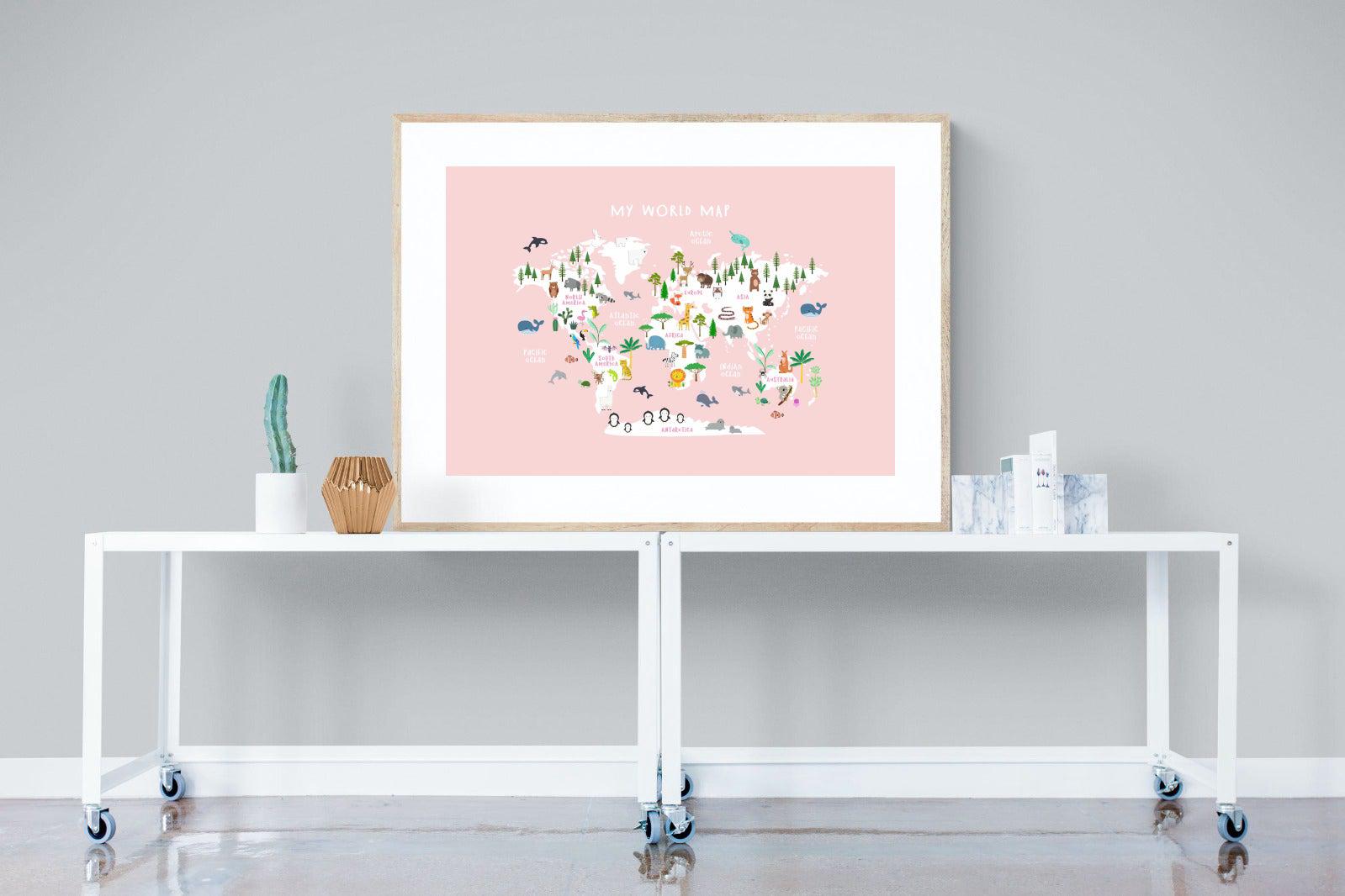 Kids World Map (Pink)-Wall_Art-120 x 90cm-Framed Print-Wood-Pixalot