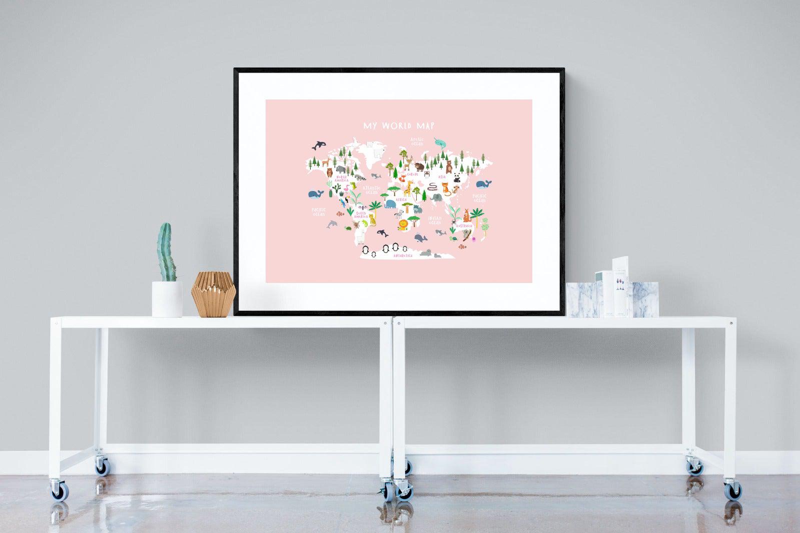 Kids World Map (Pink)-Wall_Art-120 x 90cm-Framed Print-Black-Pixalot