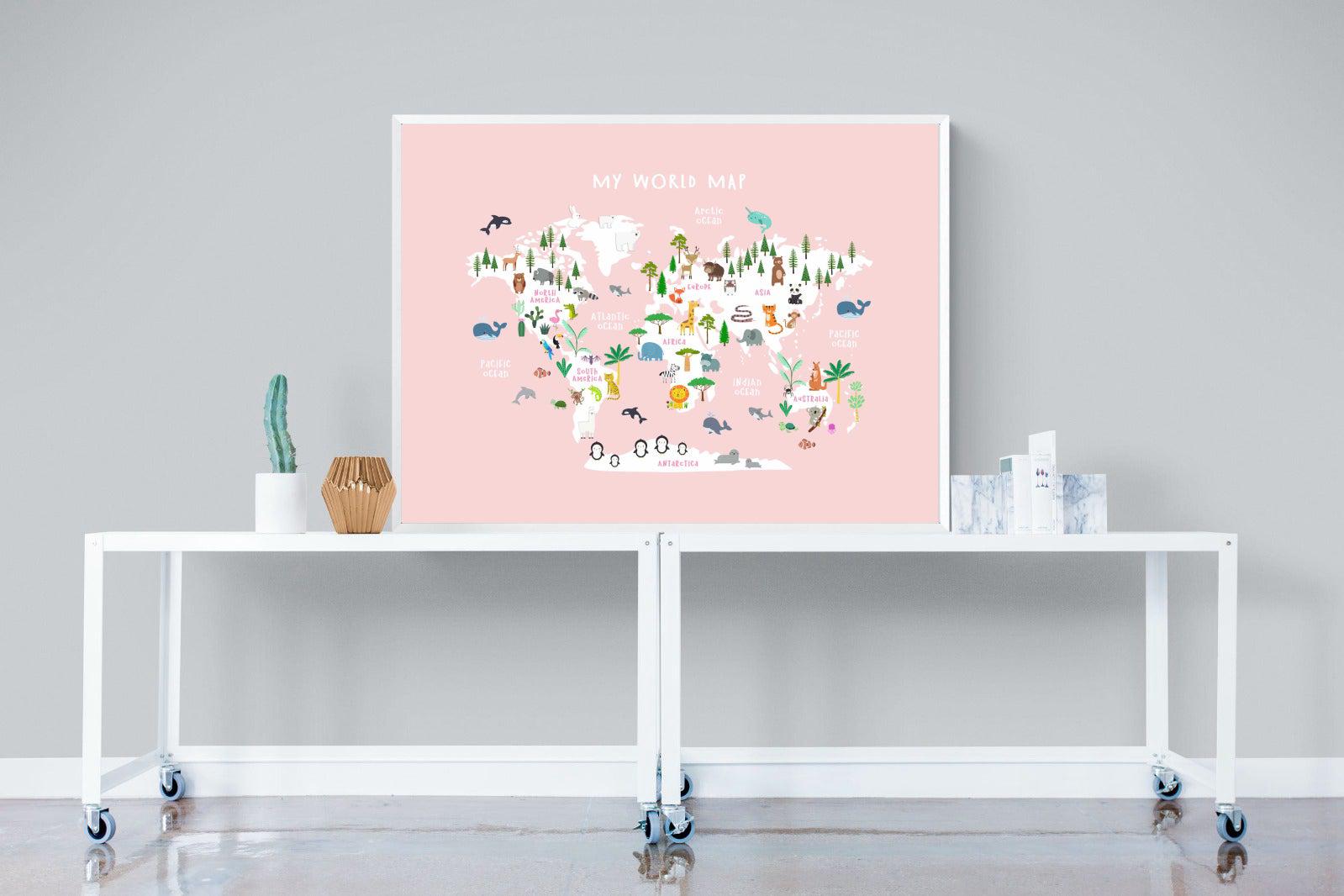 Kids World Map (Pink)-Wall_Art-120 x 90cm-Mounted Canvas-White-Pixalot