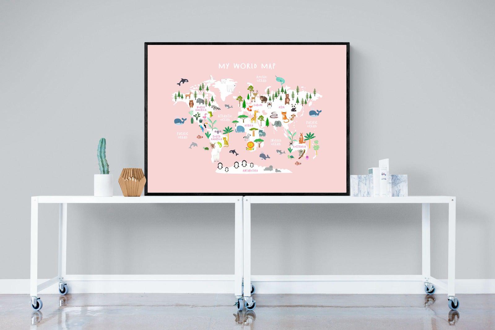 Kids World Map (Pink)-Wall_Art-120 x 90cm-Mounted Canvas-Black-Pixalot