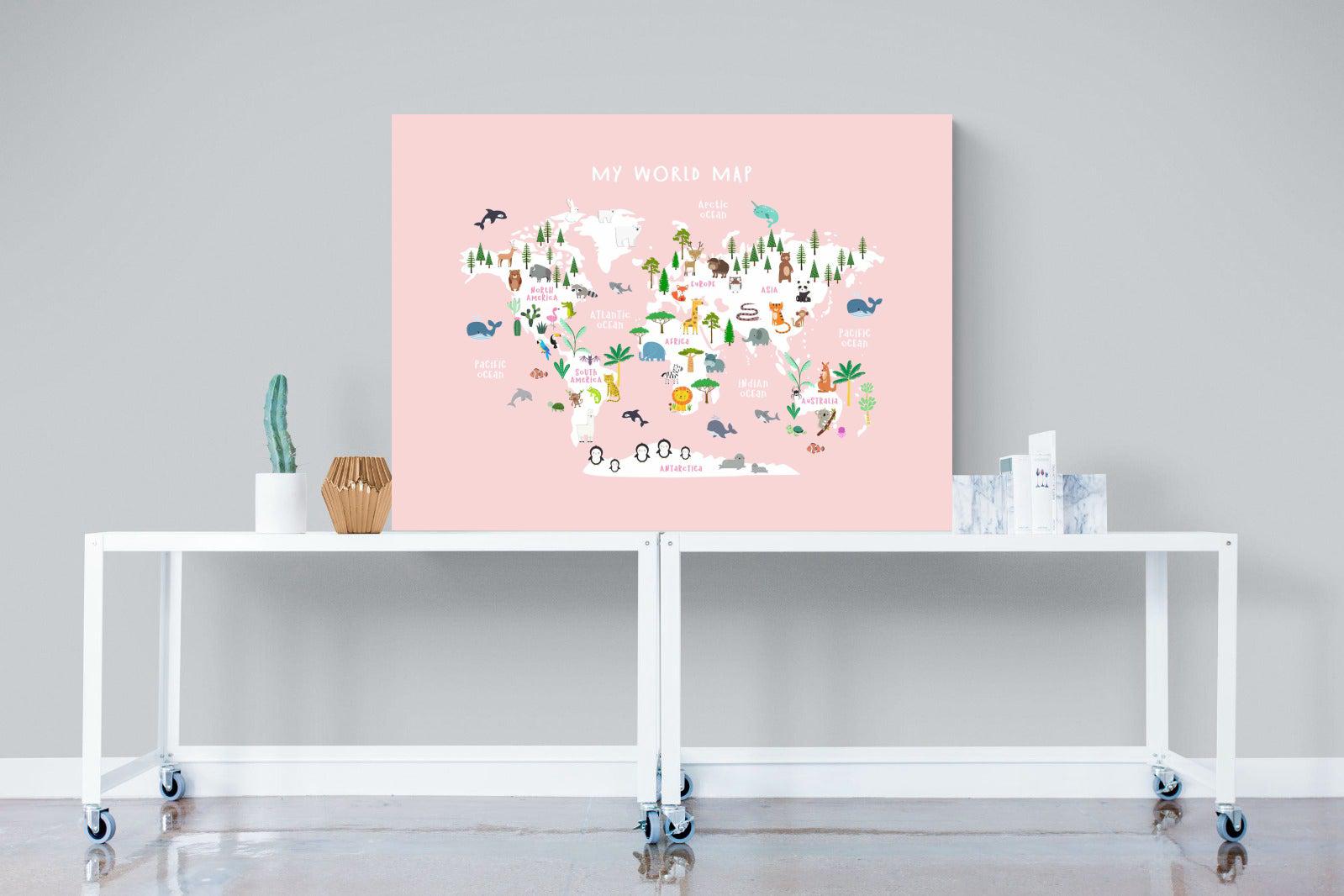 Kids World Map (Pink)-Wall_Art-120 x 90cm-Mounted Canvas-No Frame-Pixalot