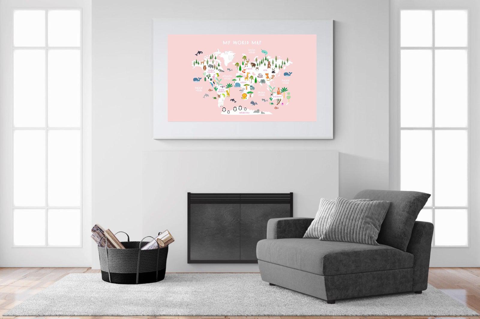 Kids World Map (Pink)-Wall_Art-150 x 100cm-Framed Print-White-Pixalot