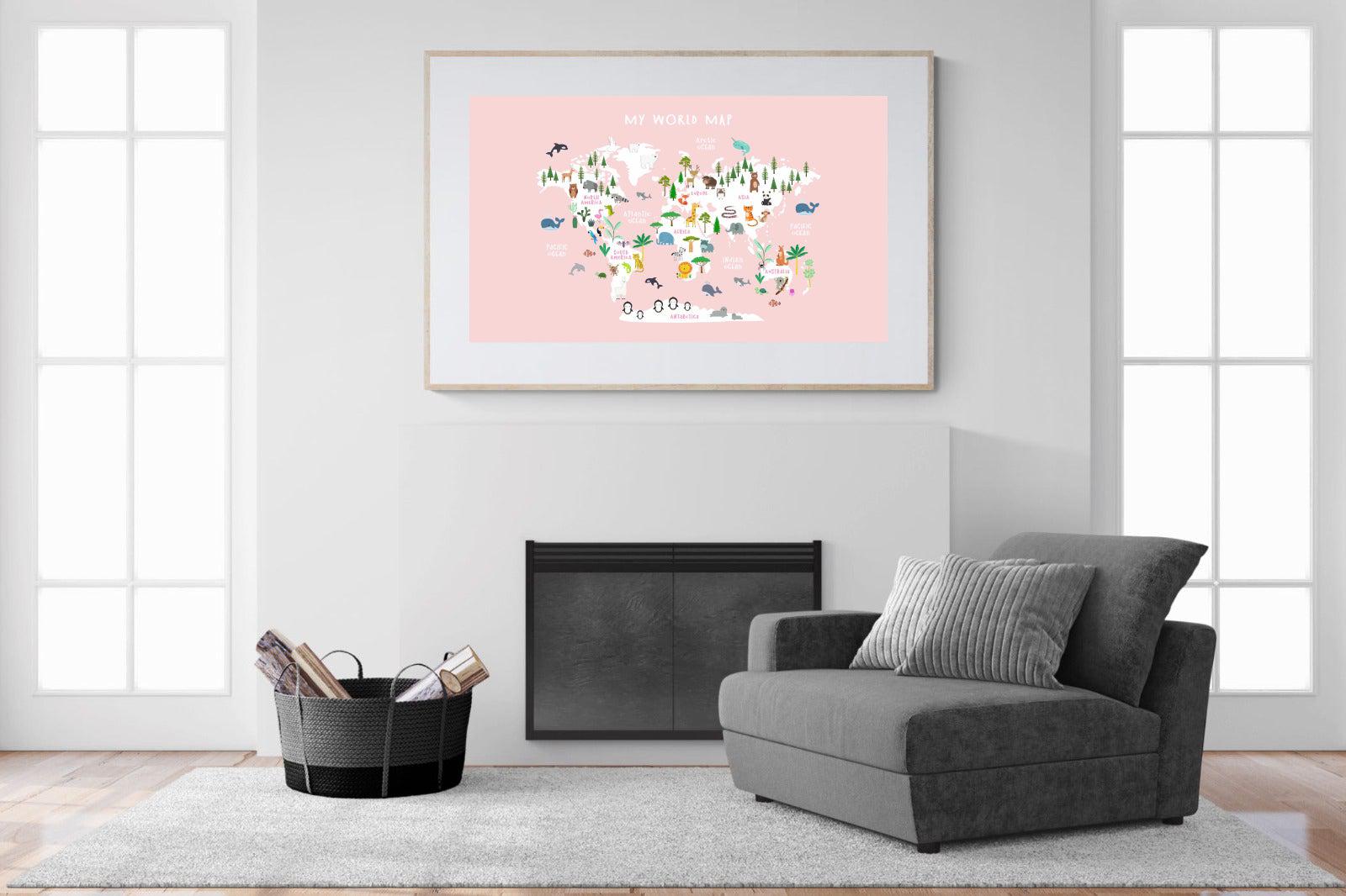 Kids World Map (Pink)-Wall_Art-150 x 100cm-Framed Print-Wood-Pixalot