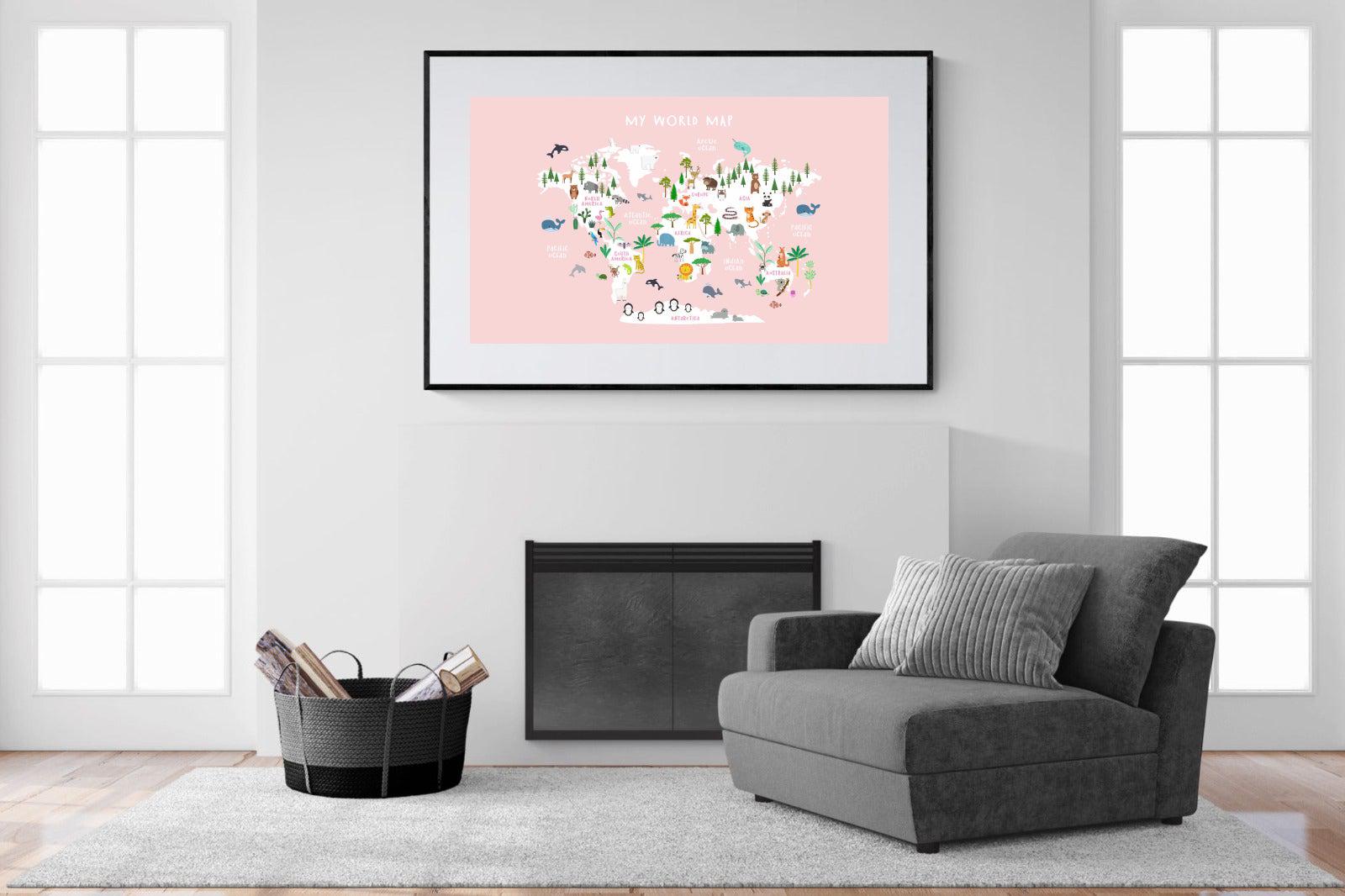 Kids World Map (Pink)-Wall_Art-150 x 100cm-Framed Print-Black-Pixalot