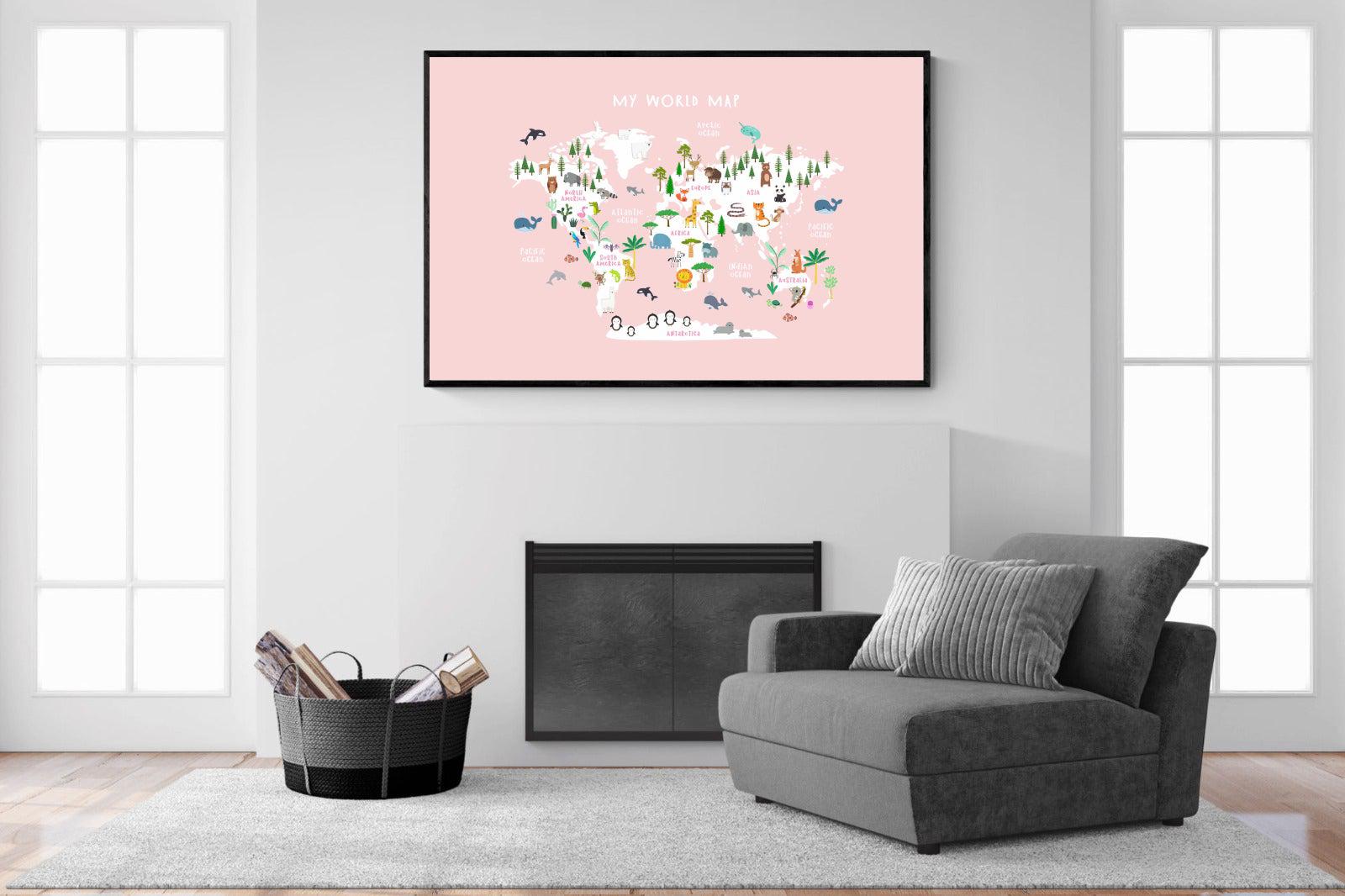 Kids World Map (Pink)-Wall_Art-150 x 100cm-Mounted Canvas-Black-Pixalot