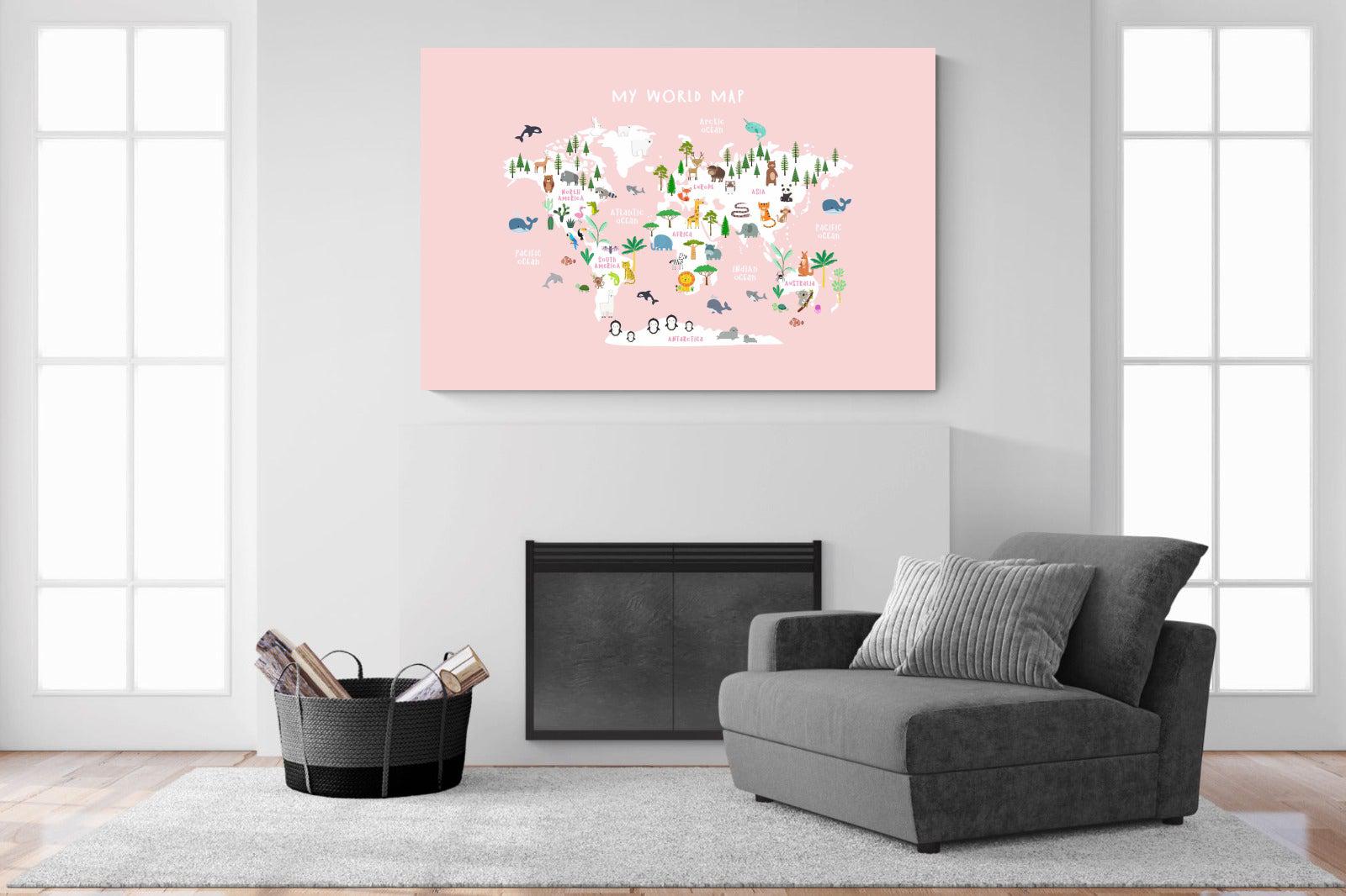 Kids World Map (Pink)-Wall_Art-150 x 100cm-Mounted Canvas-No Frame-Pixalot