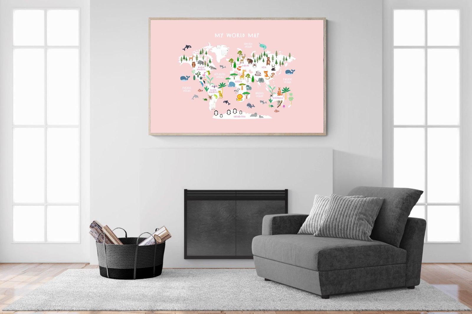 Kids World Map (Pink)-Wall_Art-150 x 100cm-Mounted Canvas-Wood-Pixalot