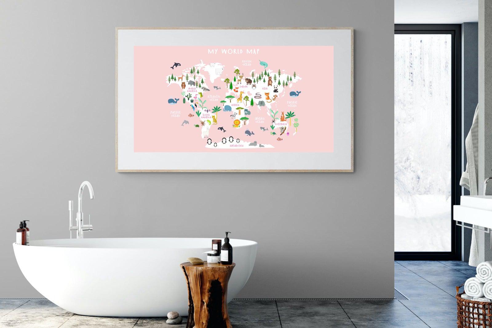 Kids World Map (Pink)-Wall_Art-180 x 110cm-Framed Print-Wood-Pixalot