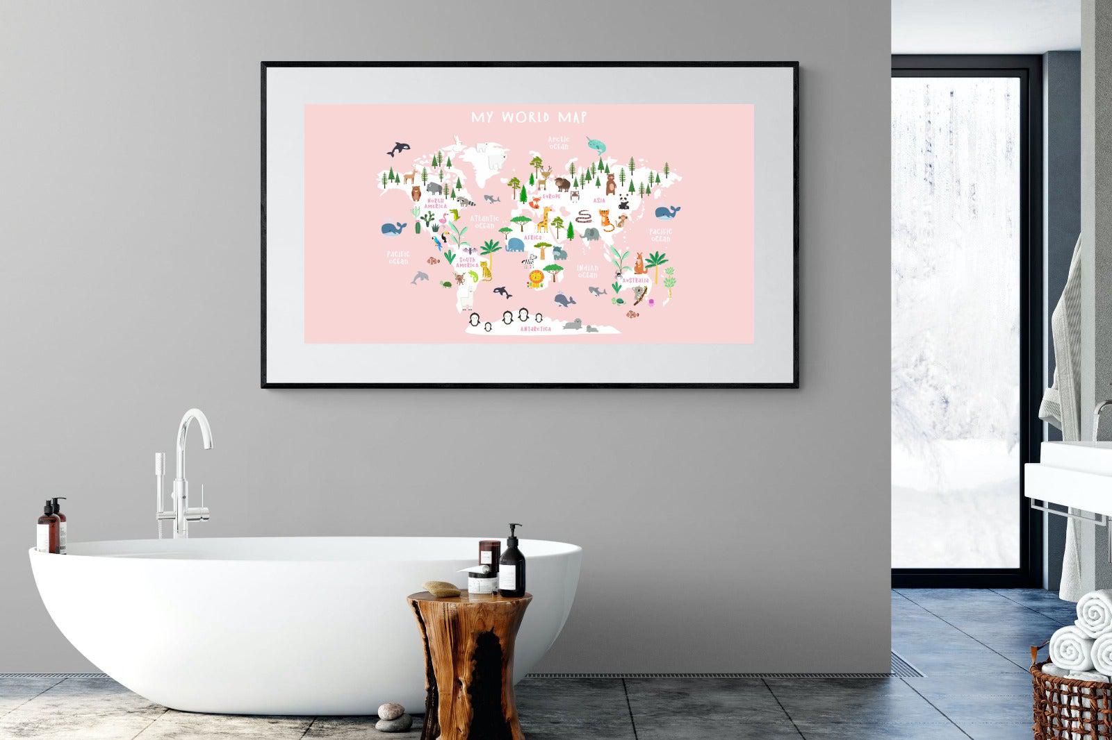Kids World Map (Pink)-Wall_Art-180 x 110cm-Framed Print-Black-Pixalot