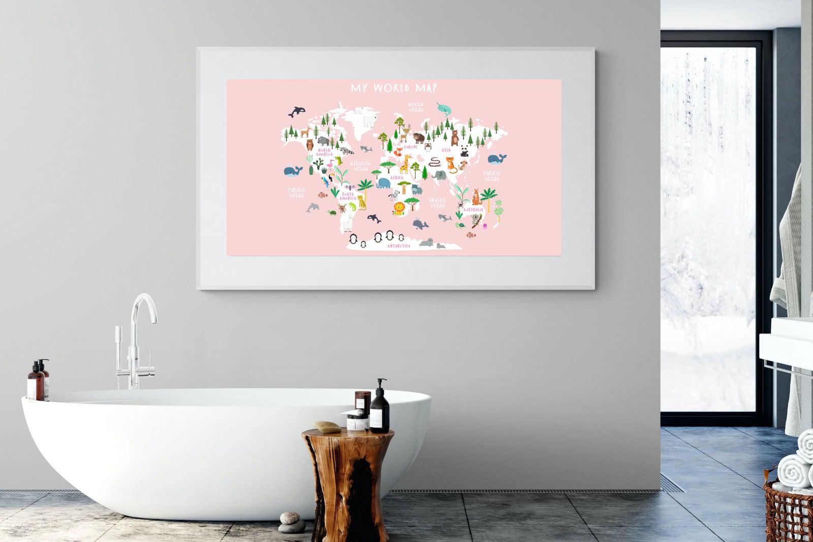 Kids World Map (Pink)-Wall_Art-180 x 110cm-Framed Print-White-Pixalot