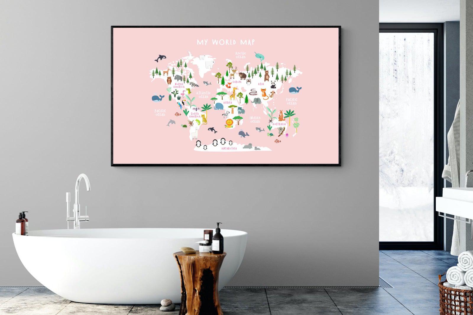 Kids World Map (Pink)-Wall_Art-180 x 110cm-Mounted Canvas-Black-Pixalot