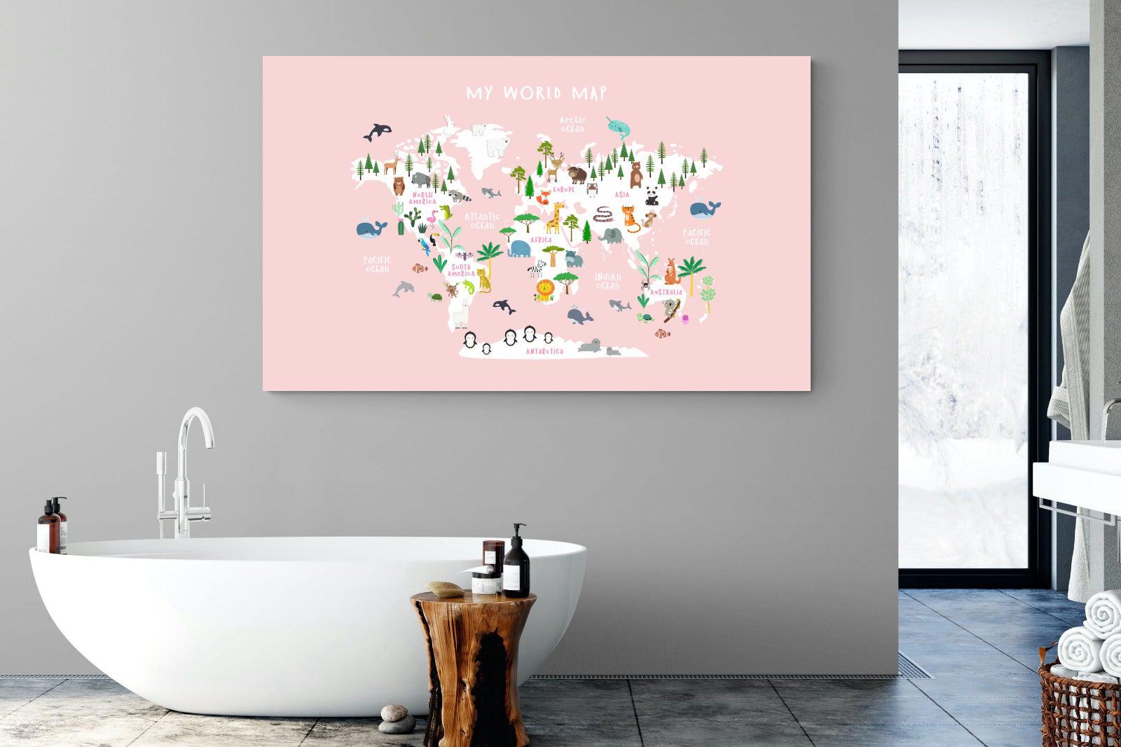 Kids World Map (Pink)-Wall_Art-180 x 110cm-Mounted Canvas-No Frame-Pixalot