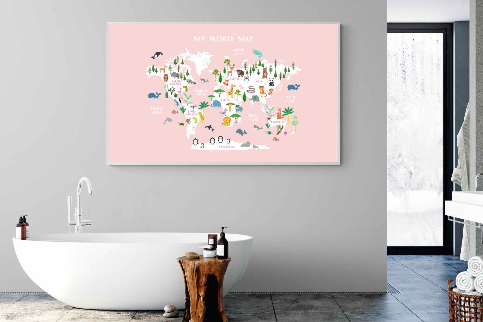 Kids World Map (Pink)-Wall_Art-180 x 110cm-Mounted Canvas-White-Pixalot