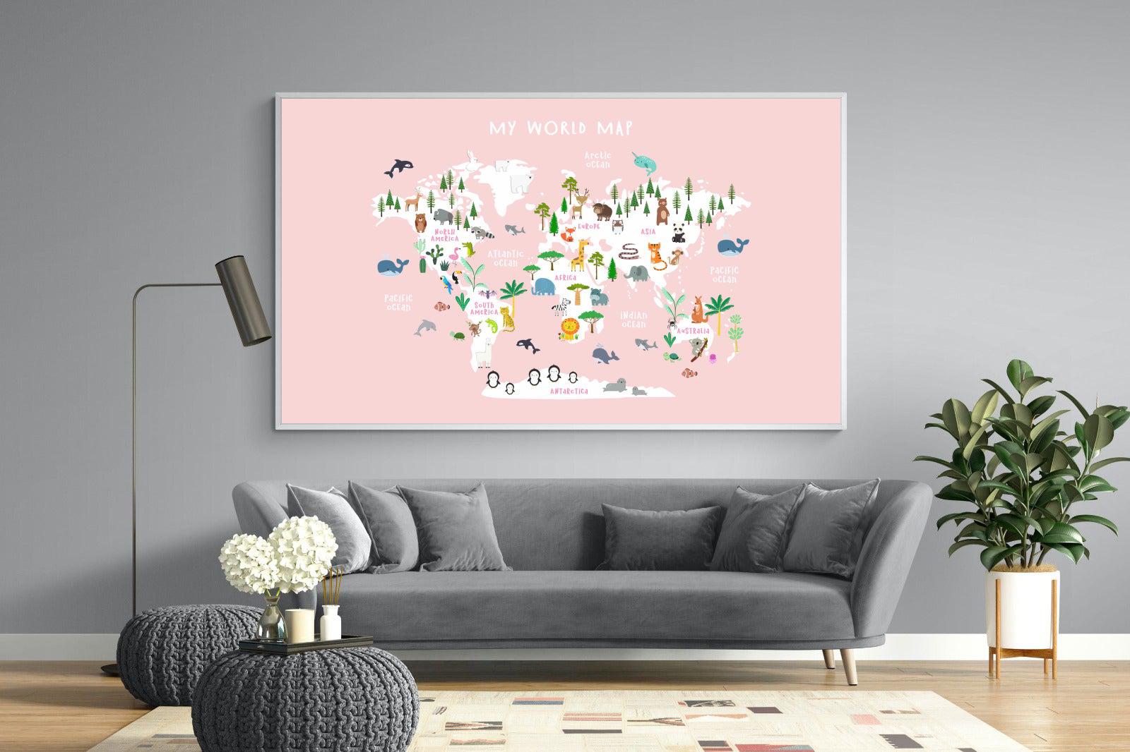 Kids World Map (Pink)-Wall_Art-220 x 130cm-Mounted Canvas-White-Pixalot