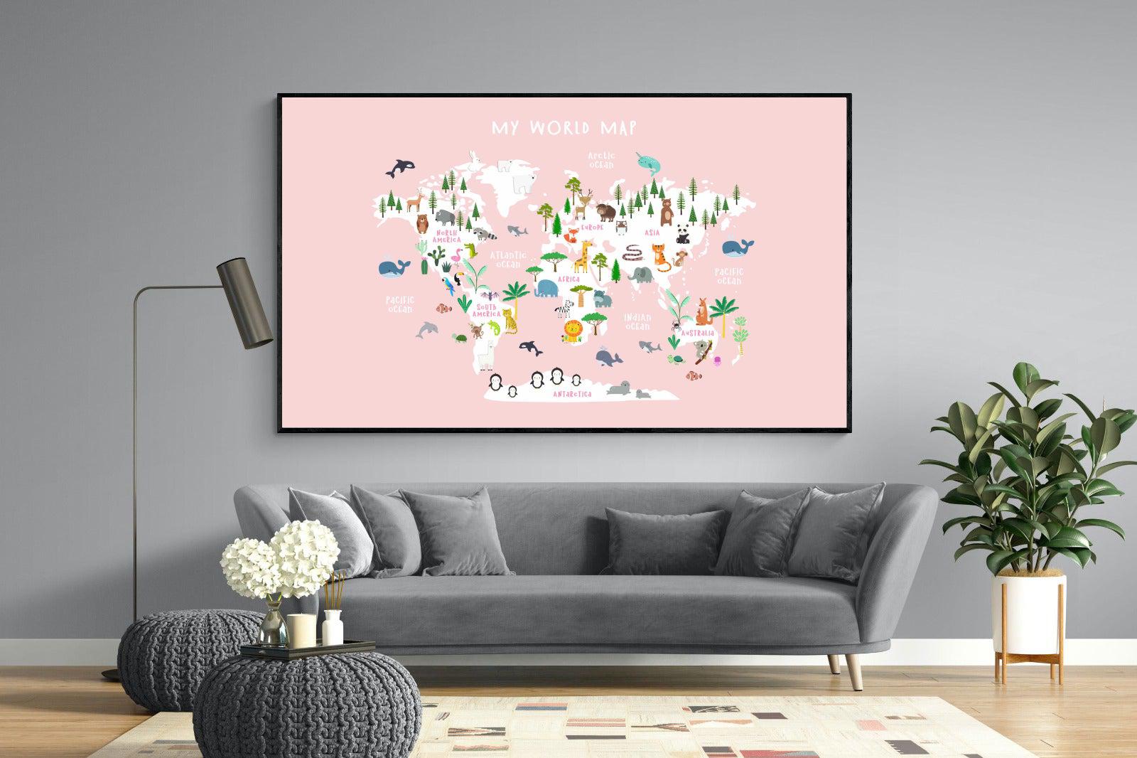 Kids World Map (Pink)-Wall_Art-220 x 130cm-Mounted Canvas-Black-Pixalot